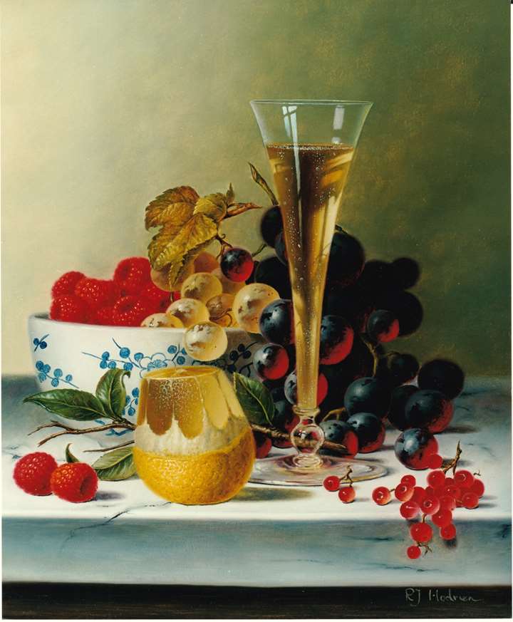 Still Life with Champagne and Fruit on Marble